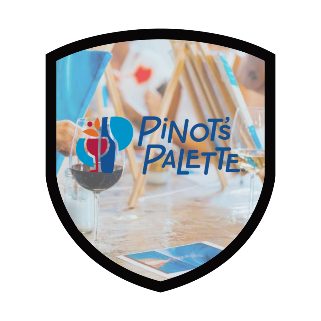 The logo for Pinot's Palette, featuring a stylized wine glass and bottle icon next to the text "Pinot's Palette."