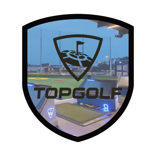 The Topgolf logo displayed over a view of a driving range with golf bays.