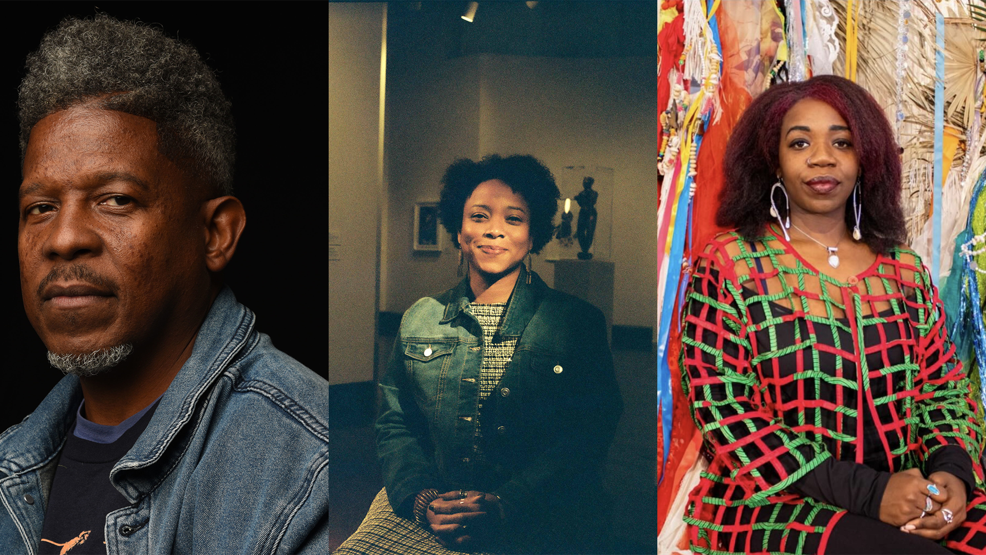 Three separate images of people. The first is a headshot of a person. The second is a person sitting in a gallery. The third is a person posing.
