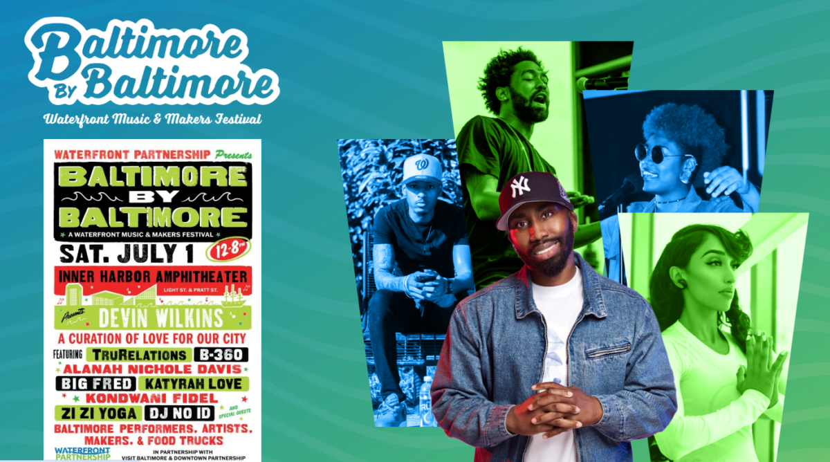 A website advertisement for a music festival Baltimore by Baltimore with a photo of Devin Wilkins standing with his hands folded in front of him, he is wearing a black baseball hat and jean jacket there are pictures of artists in the background