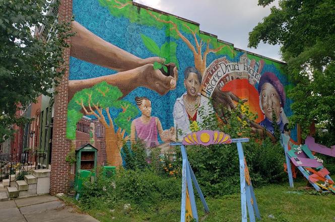 A large outdoor mural on a brick building wall depicts people, trees, and hands holding a plant. The text reads Historic Druid Heights.