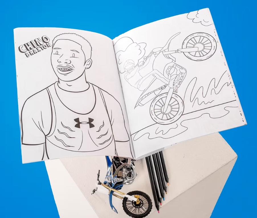 An inside page of the Black Baltimore Renaissance Coloring by Devin Wilkins Book showing a headshot of a man and on the next page him riding a motorcycle