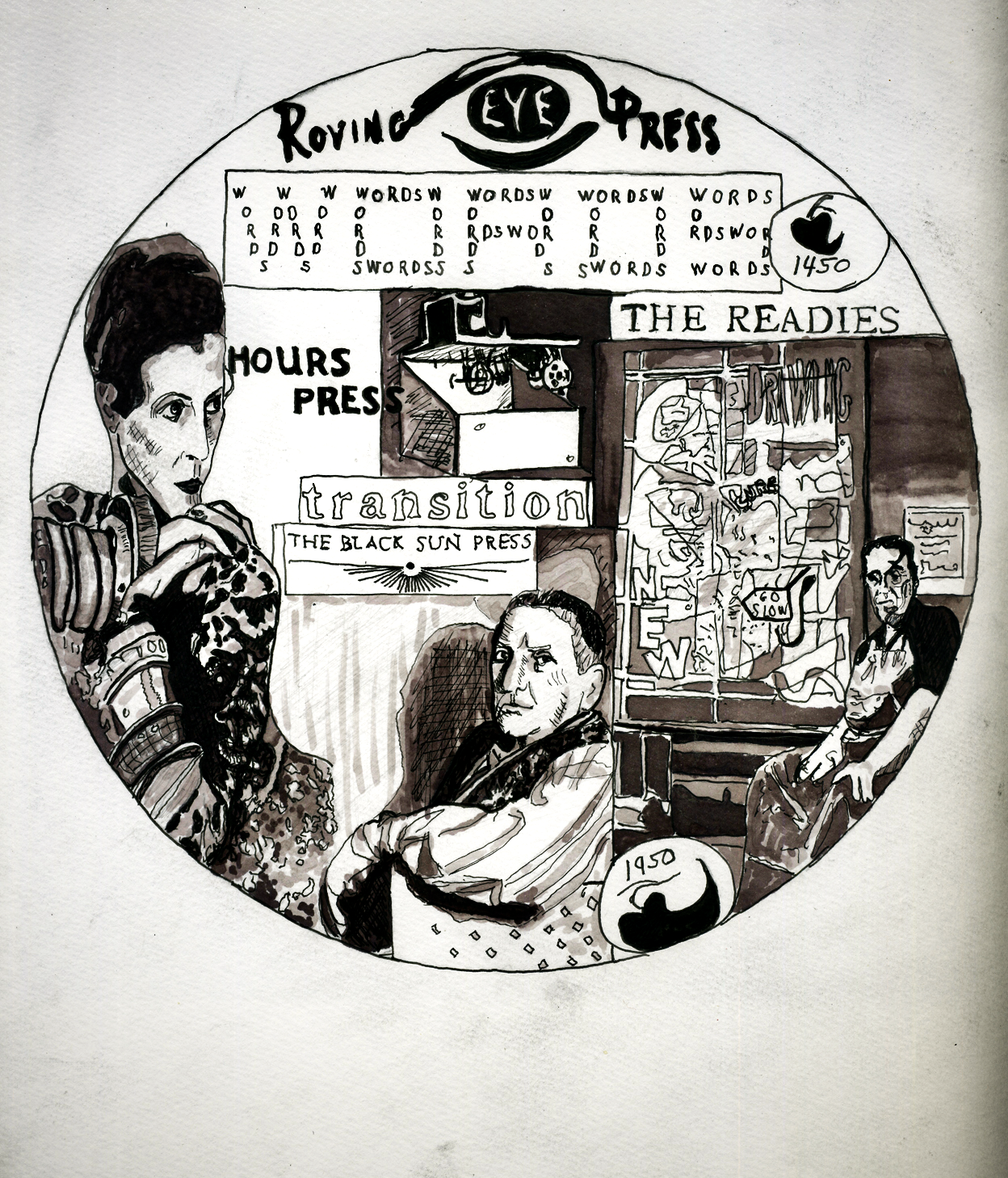 A black and white ink drawing of two people sitting in a room with