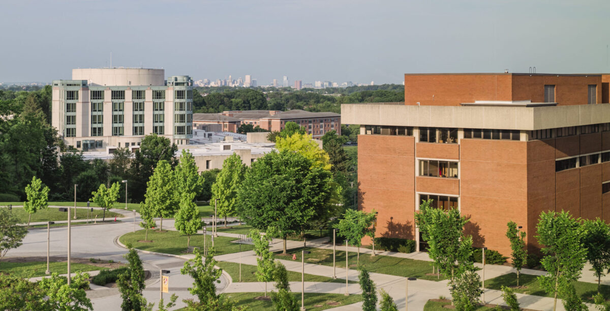 An elevated view of the UMBC campus featuring brick buildings, green trees, and paved walkways with the distant city skyline in the background.